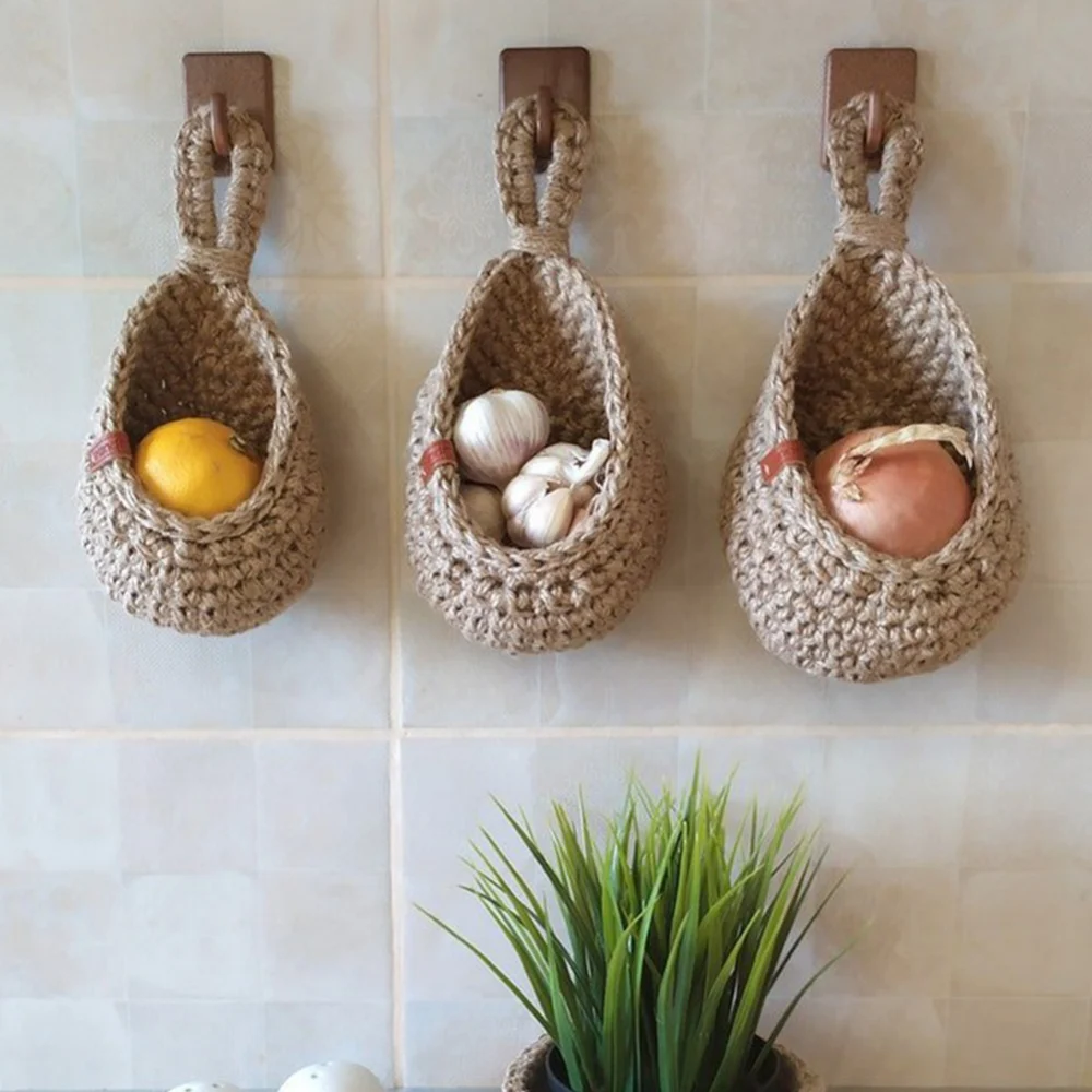 XS-2XL Handwoven Wall Hanging Fruit Vegetable Basket Teardrop Plant Basket Kitchen Table Wall Hanging Storage Basket Container