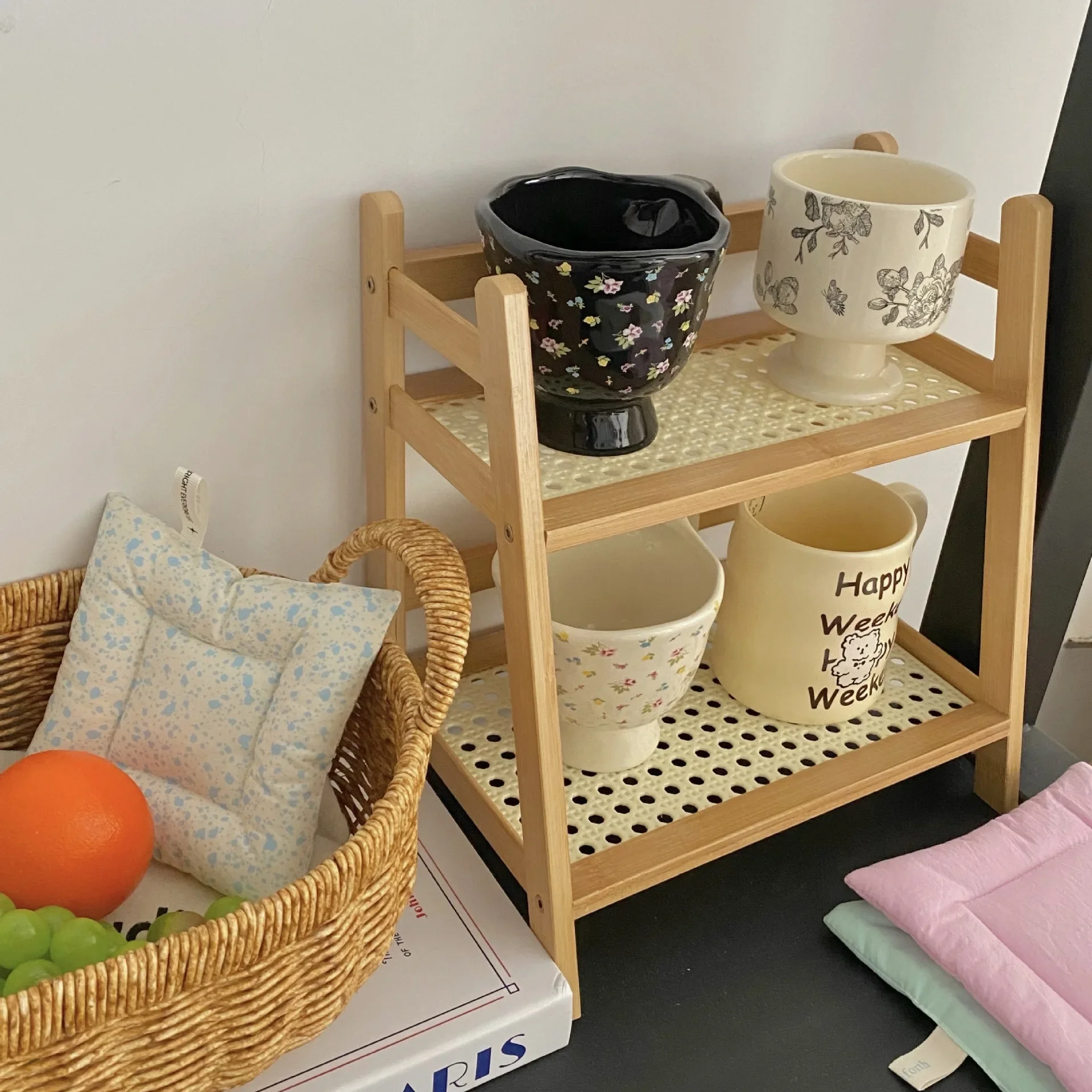 Antique Rattan Desk Shelf Dormitory Bedroom Office Kitchen Cup Holder Organizer Rack