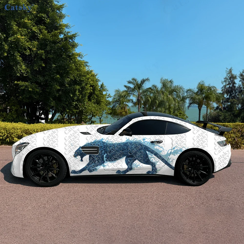 Dynamic Blue Flame Panther Car Side Sticker Decor, PVC Waterproof Scratch Resistant Decal,Car Protection,Auto Accessories Gift