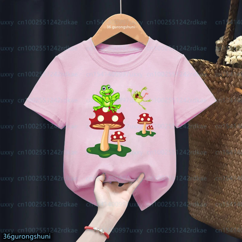 Kawaii Girls T-Shirt Funny Strawberry Mushroom Milk Frog Animal Print Toddler Tshirts Fashion Aesthetic Girls Pink O-Neck Shirts