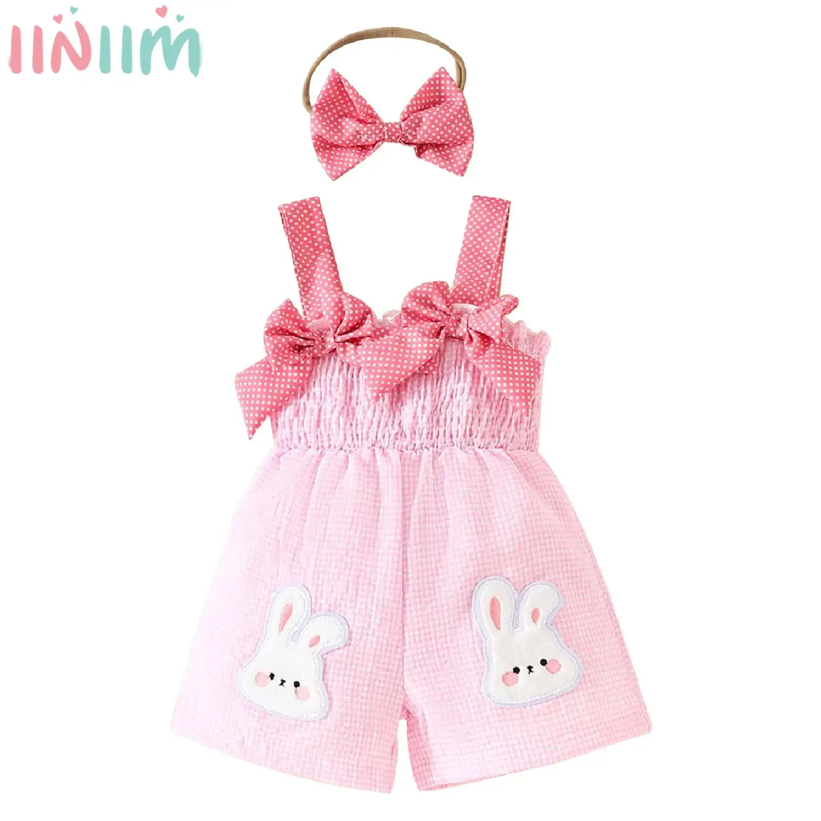 

Infant Girls Summer Sweet Cute Romper Overalls Sleeveless Plaid Printed Jumpsuit with Headband for Birthday Party Photography