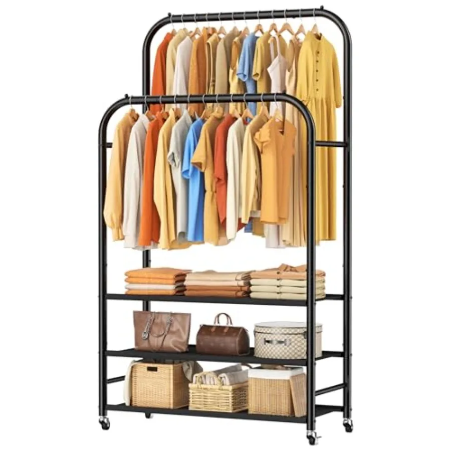 

Double Rods Clothes Rack Clothing Rack with 3 Tier Storage Shelves Clothes Rack for Hanging Clothes Multifunctional Clothes Org