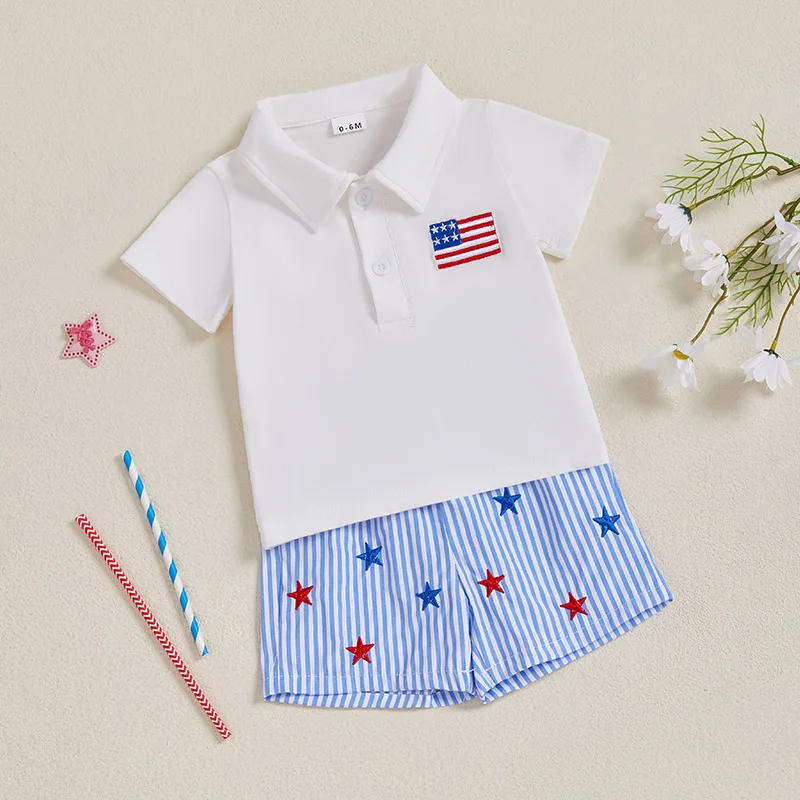 Boys American Flag Independence Day Short Sleeve Lapel Tops Star Stripe Print Shorts Outfits Set for Summer Celebrations