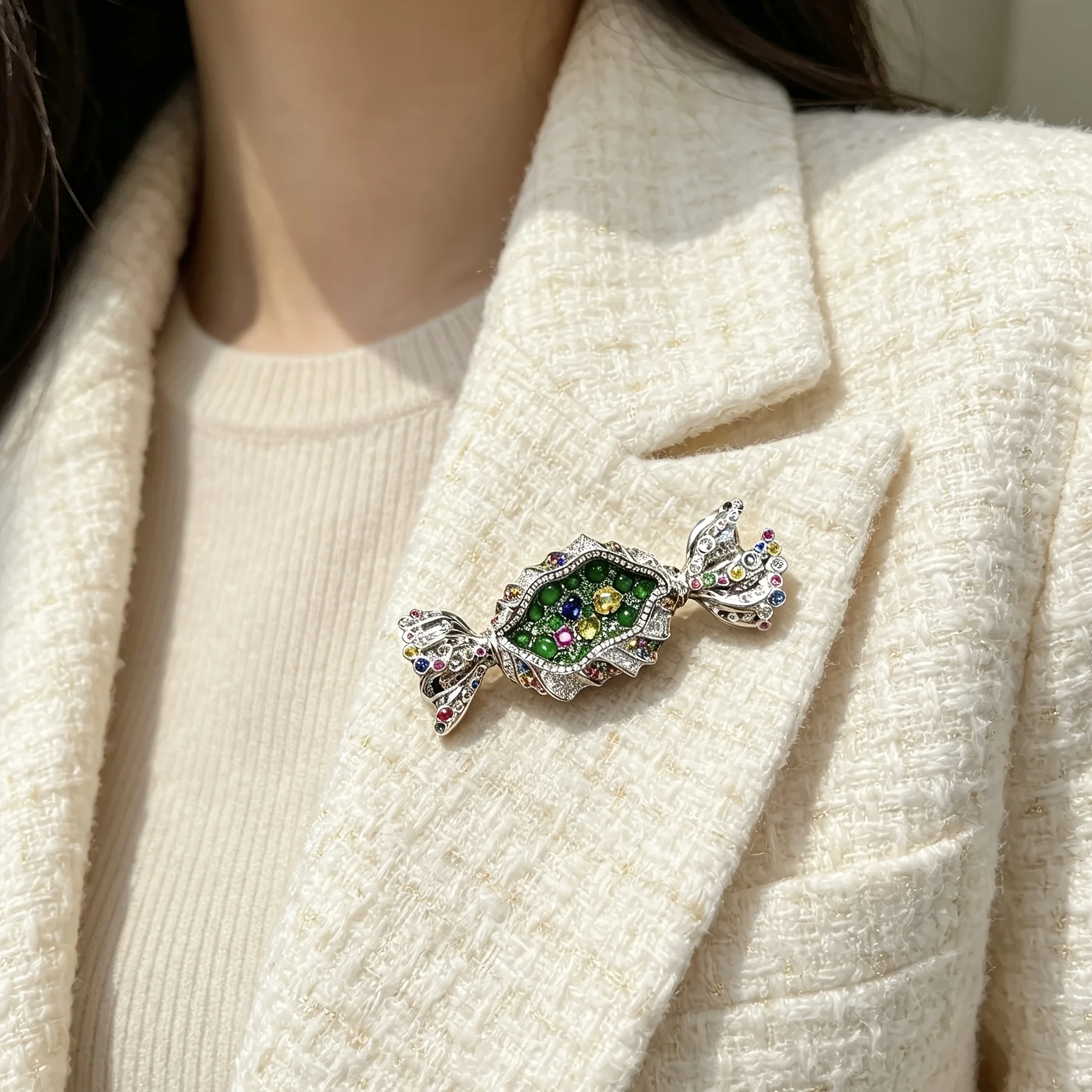 Cute Candy-Style Brooch For Women, Featuring Colorful Gemstones And Rhinestones; A Decorative Pin For Suits, Coats, Or Scarves