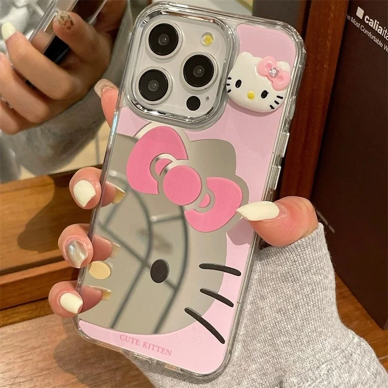 Luxury Cute Hello Kitty Glitter Bow Diamond KT Make Up Mirror Phone Case For iPhone 13 14 15 16 Pro Max Pink Kitty Protect Cover