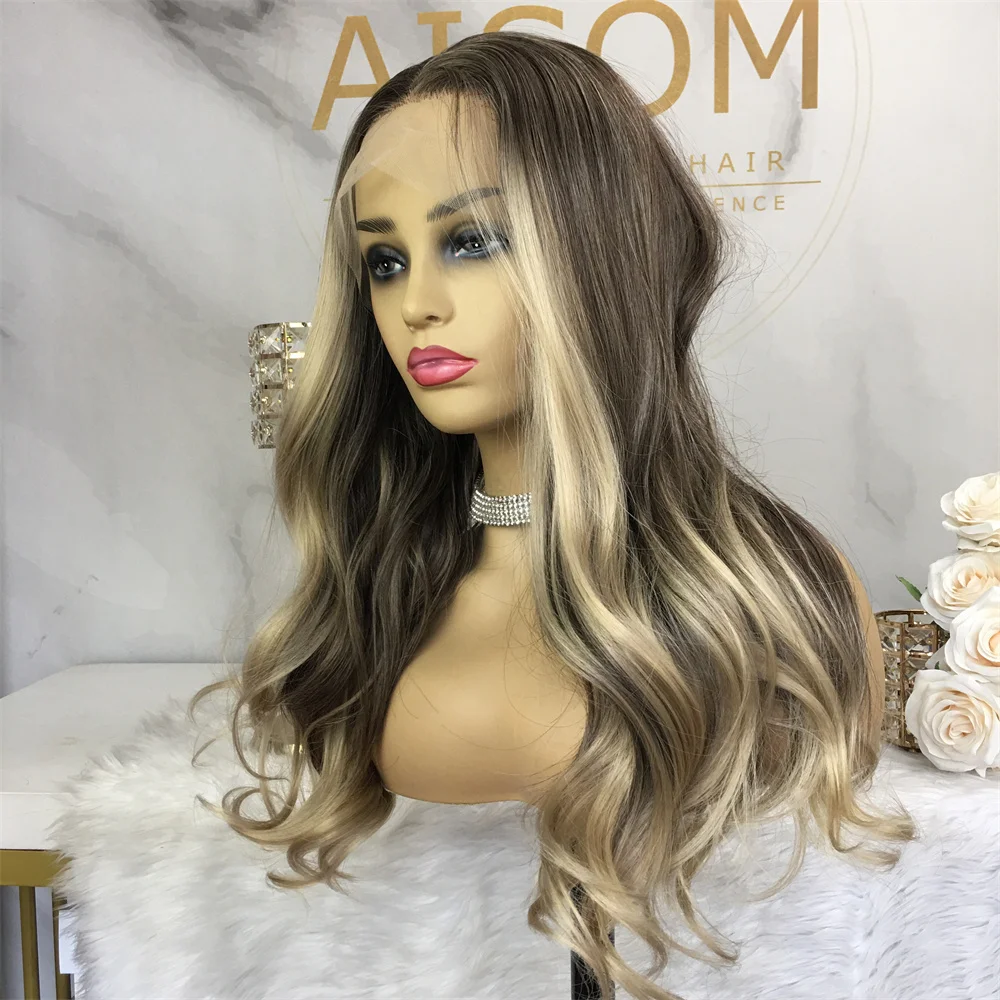 

13x4 Lace Front wig Brown Loose Wave 18" Glueless Synthetic Lace Wigs for Women Preplucked High Quality Fiber Hair