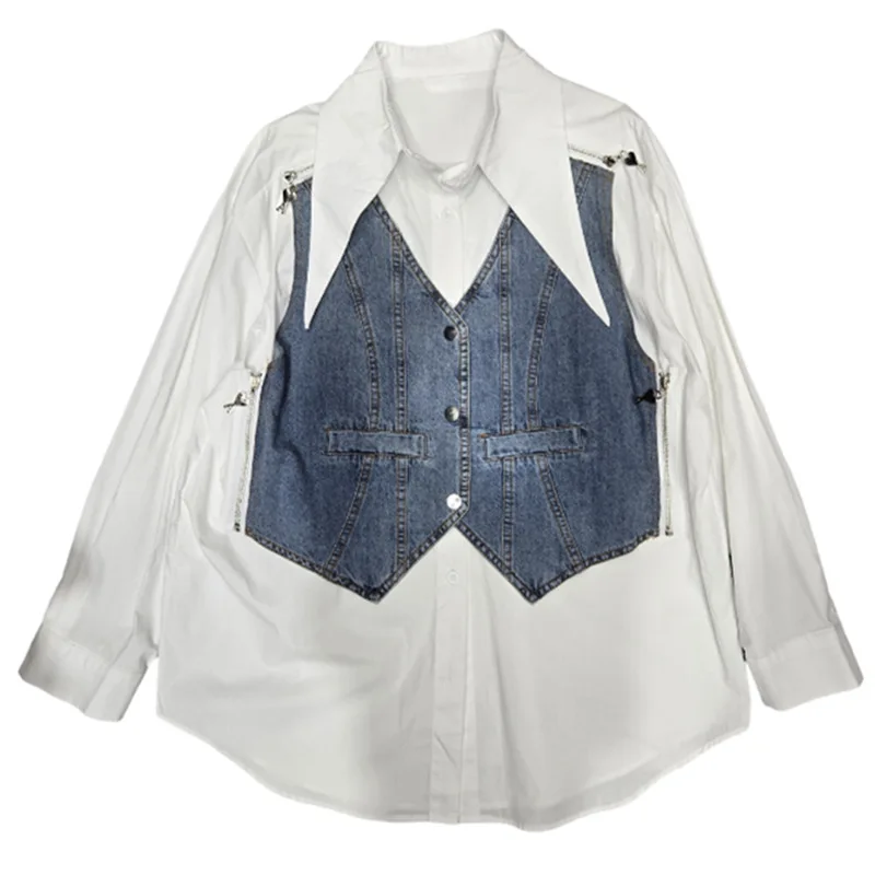 

SuperAen рубашка с длинными рукавами в корейском стиле, джинсовый жилет, женская рубашка контрастного цвета с имитацией двух цветов