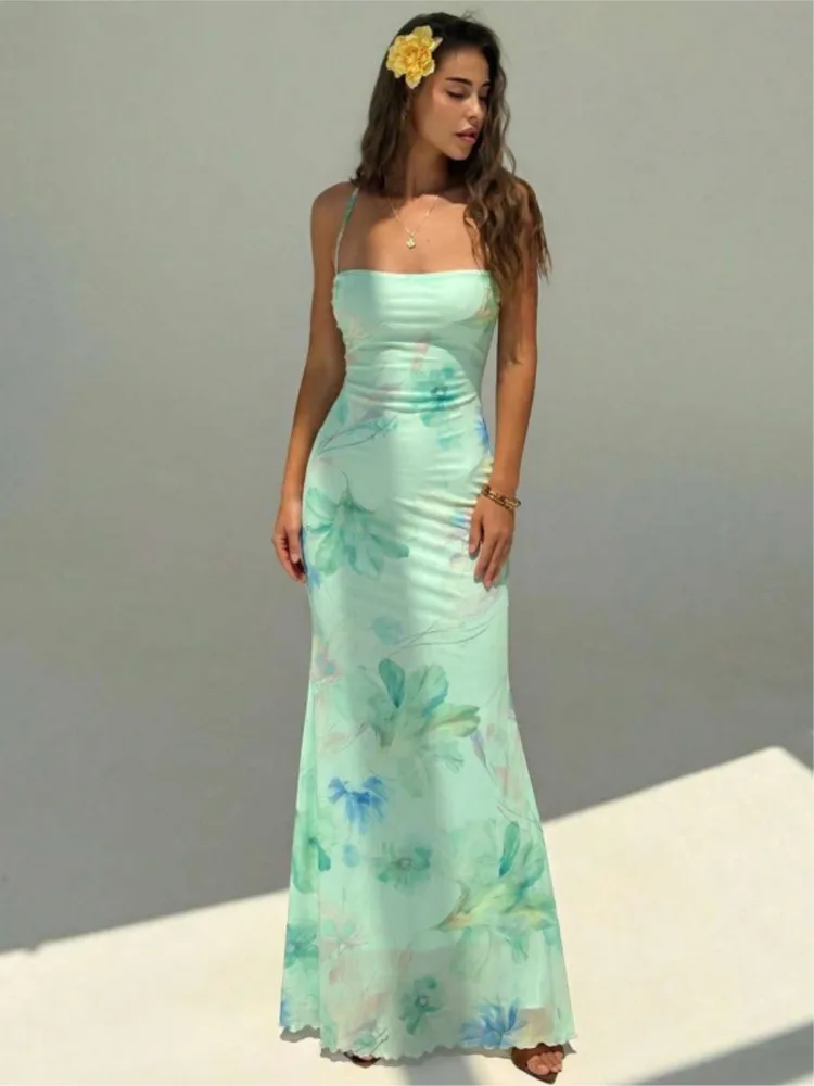 

2026 Beachwear Summer New Dresses For Woman Sexy Slim Backless Printed Suspender Dress Vacation Bodycon sleeveless Robe Trendy