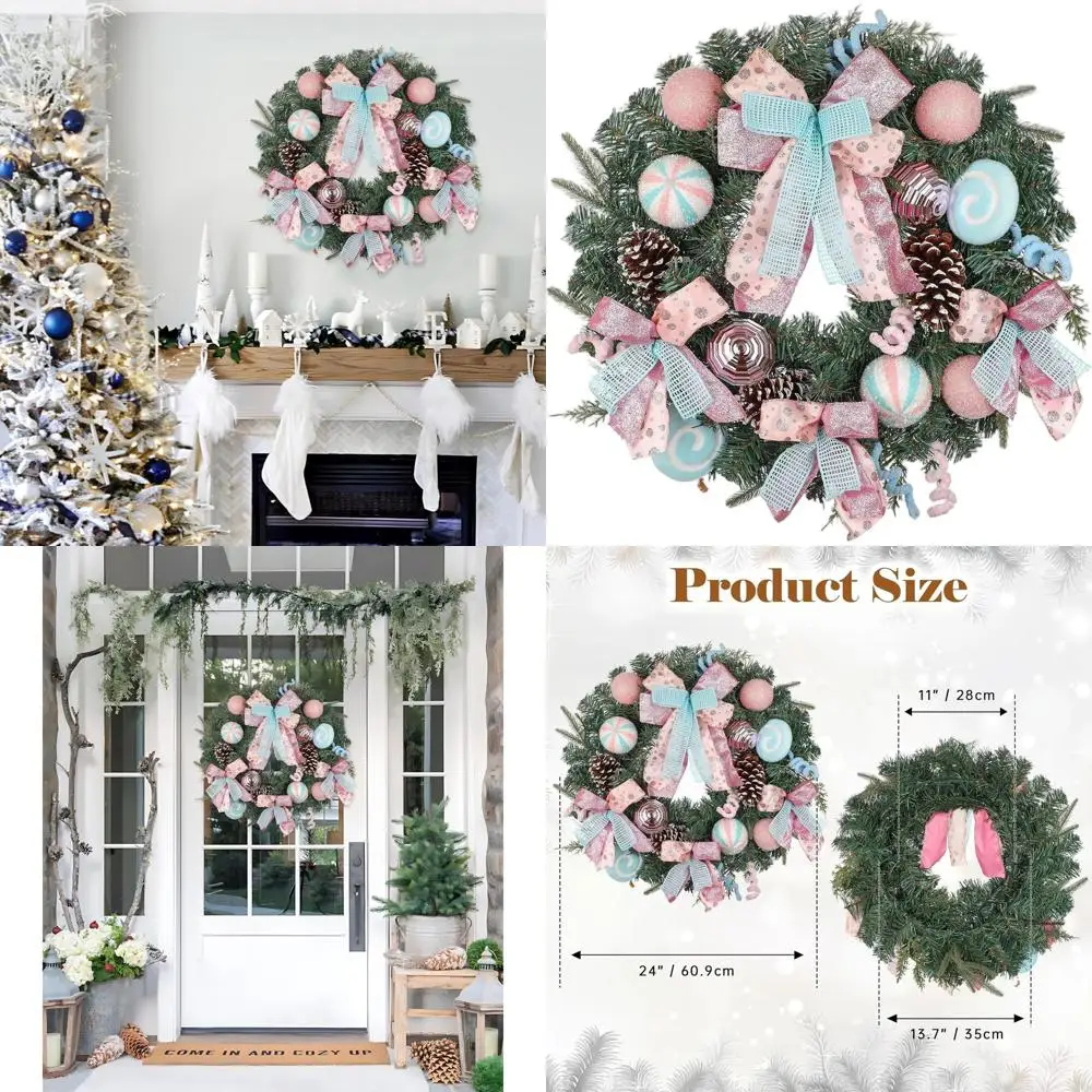 Corona navideña en colores pastel, pino de bastón de caramelo de 24 pulgadas con bolas rosas y azules, bayas, ideal para puerta, chimenea, casa interior y exterior