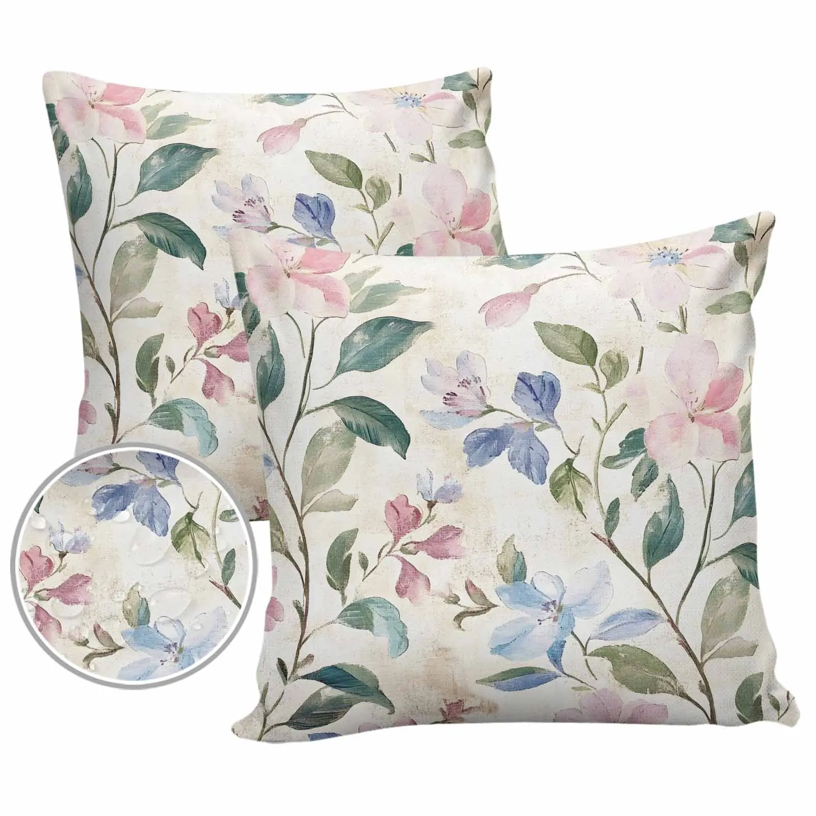 Fundas de almohada impermeables para exteriores, plantas de hojas y flores de acuarela Retro moteadas, para muebles de Patio, tienda de campaña y jardín