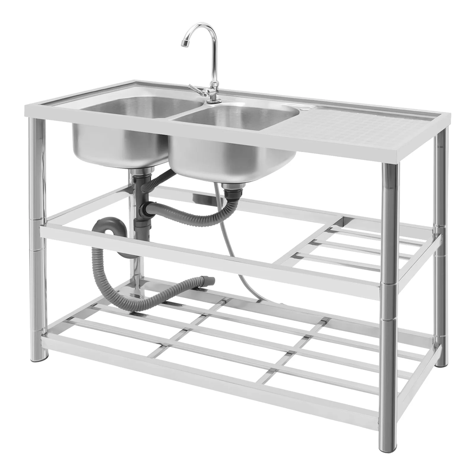 Free Standing Stainless-Steel Double Bowl Commercial Restaurant Kitchen Sink Set w/Faucet & Drainboard & Washing Hand Basin