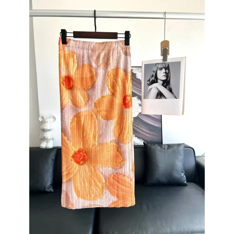 Miyake Orange Printed Half Skirt for Aging Reduction and Vivid Korean Version Fashion High Waist Half Skirt for Leisure Vacation