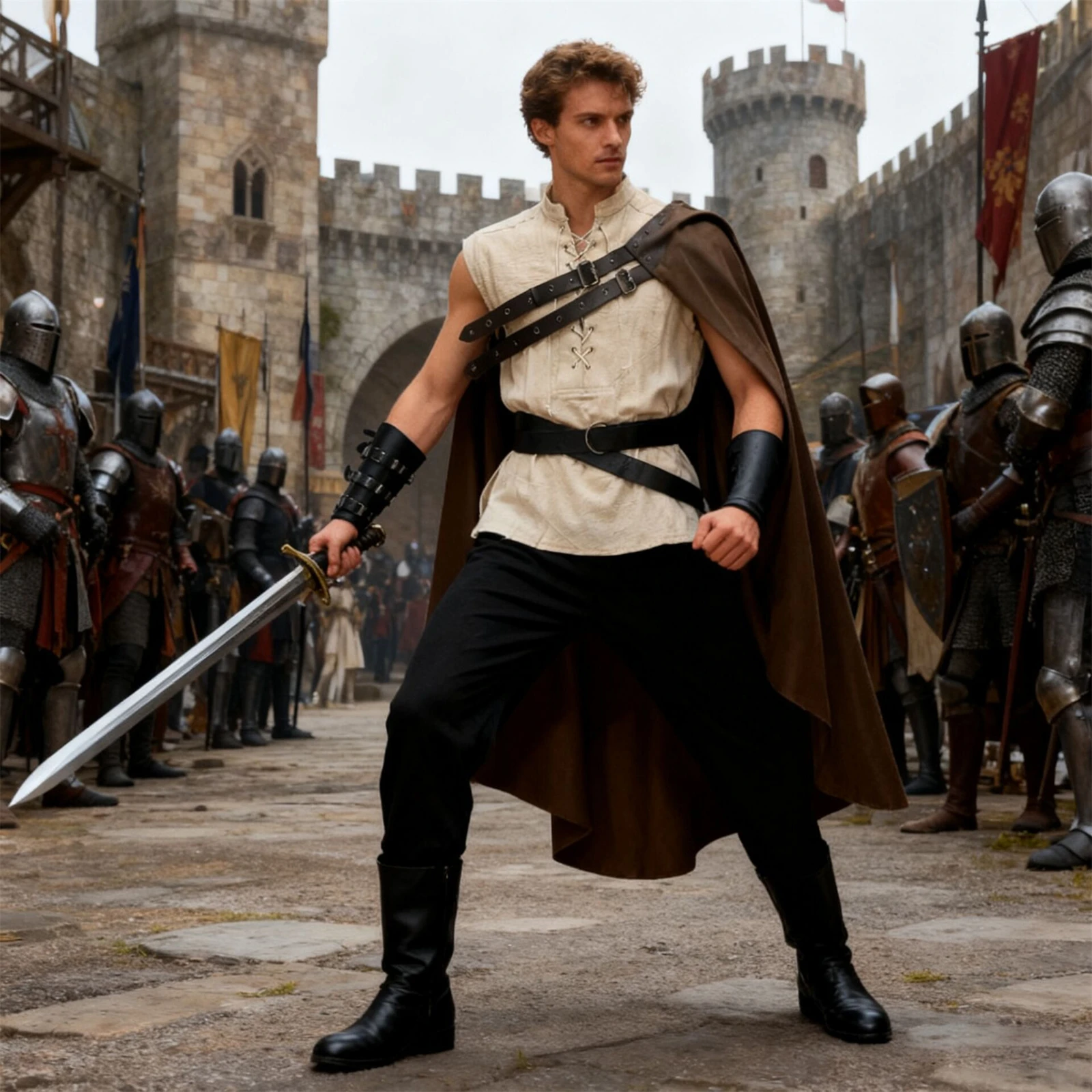 

Средневековая накидка на одно плечо с поясом, стимпанк-шаль для мужчин, костюм воина на Хэллоуин, карнавальный костюм