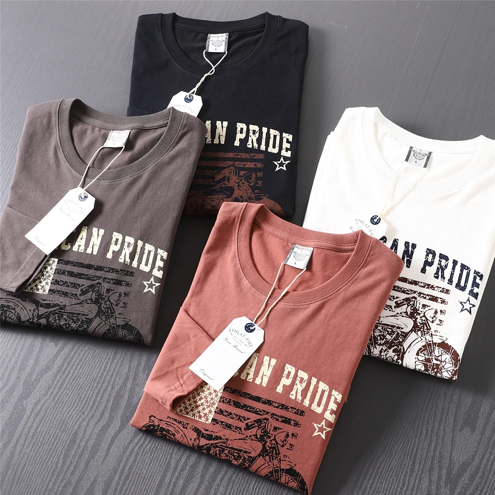 

2025 Autumn New American Retro Long-sleeved O-neck Motorcycle Printed T-shirt Men's Fashion 100% Cotton Washed Casual Sport Tops