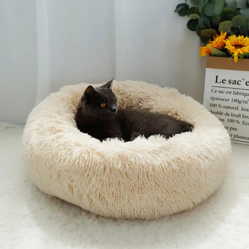 

Fluffy Calming Dog Bed Long Plush Donut Pet Bed Hondenmand Round Orthopedic Lounger Sleeping Bag Kennel Cat Puppy Sofa Bed House