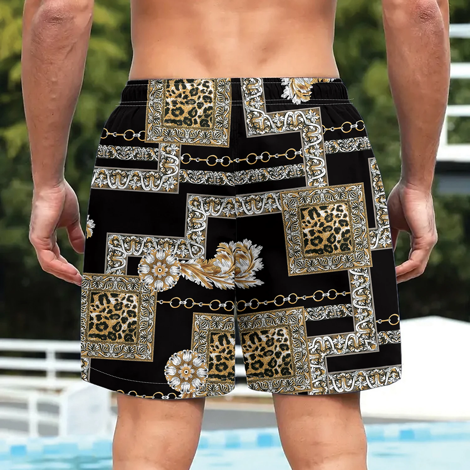 Summer Fashion Brand Chain Leopard Print Checkered Print Men's Drawstring Quick Drying Hawaiian Beach Fitness Casual Shorts