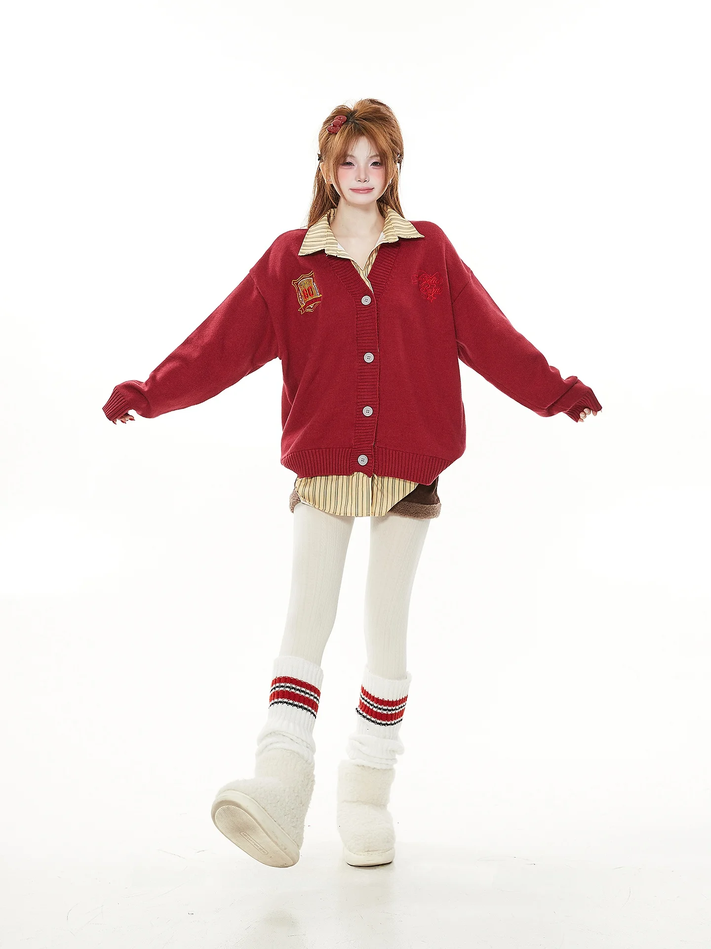 

American Retro Casual College irt Patchwork Red Knitted Sweater Coat Women Spring Autumn Holiday Two Piece New Year Knitted...