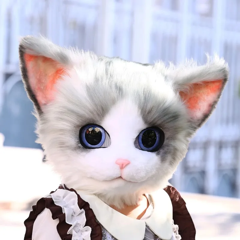 Handmade Furry Cat Mask Kigurumi Cosplay Anime Persian Cat Fursuit Head Furry Head Mask Kig  Halloween Performance Prop Kid Gift