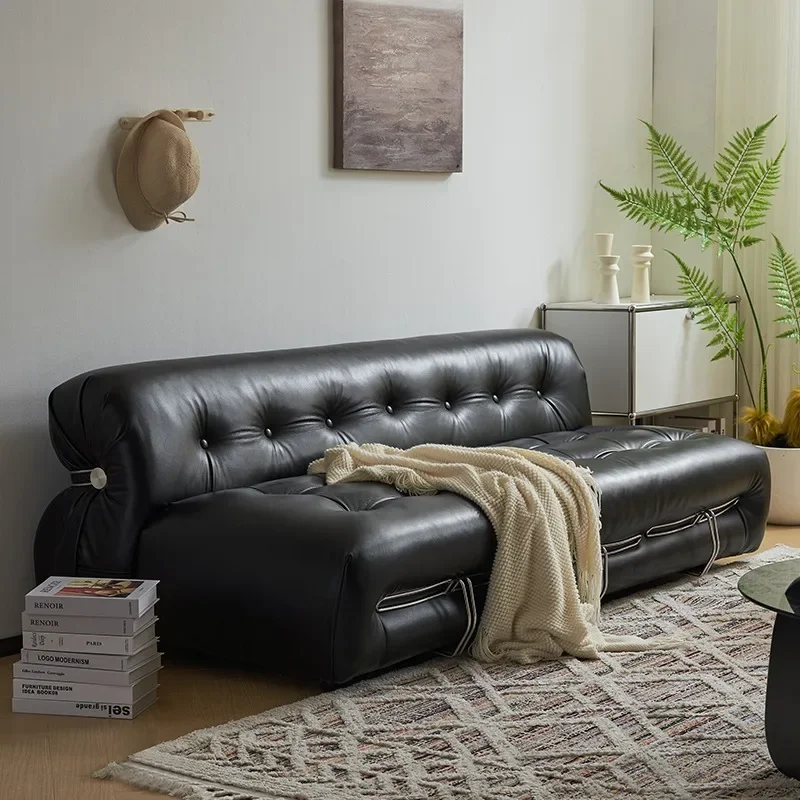 Pqf Large Steel Tooth Hippo Sofa Living Room Straight Black Leather Double Sofa