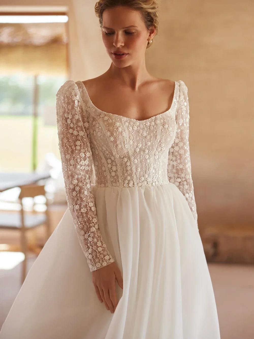Customized Elegant  A Line Wedding Dresses for Women Lace Appliqued Square Collar Vestidos de Soriee Novia for Bride