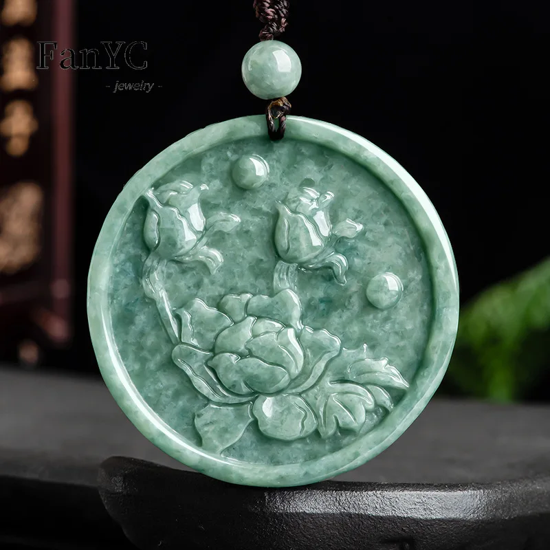 Myanmar A-goods Jadeite Phoenix Peony Pendant Hand-carved Exquisite Charm Ice Jade Necklace Men and Women Holiday Gift