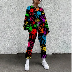 Women Tracksuit Painted Graffiti Print 2 Piece Outfit Sweatshirt+Straight Sweatpants Matching Set Fitness Sporty Streetwear