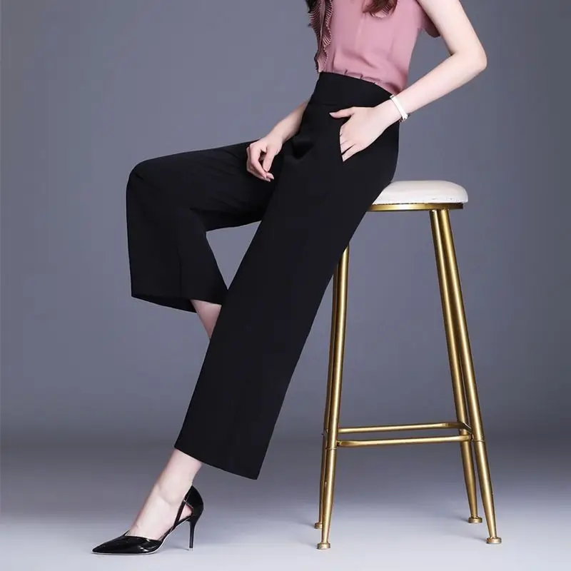 Frühling und Herbst Frauen einfarbig elastisch hohe Taille breites Bein locker sitzen gerades Bein lange Mode elegante Pendler hose