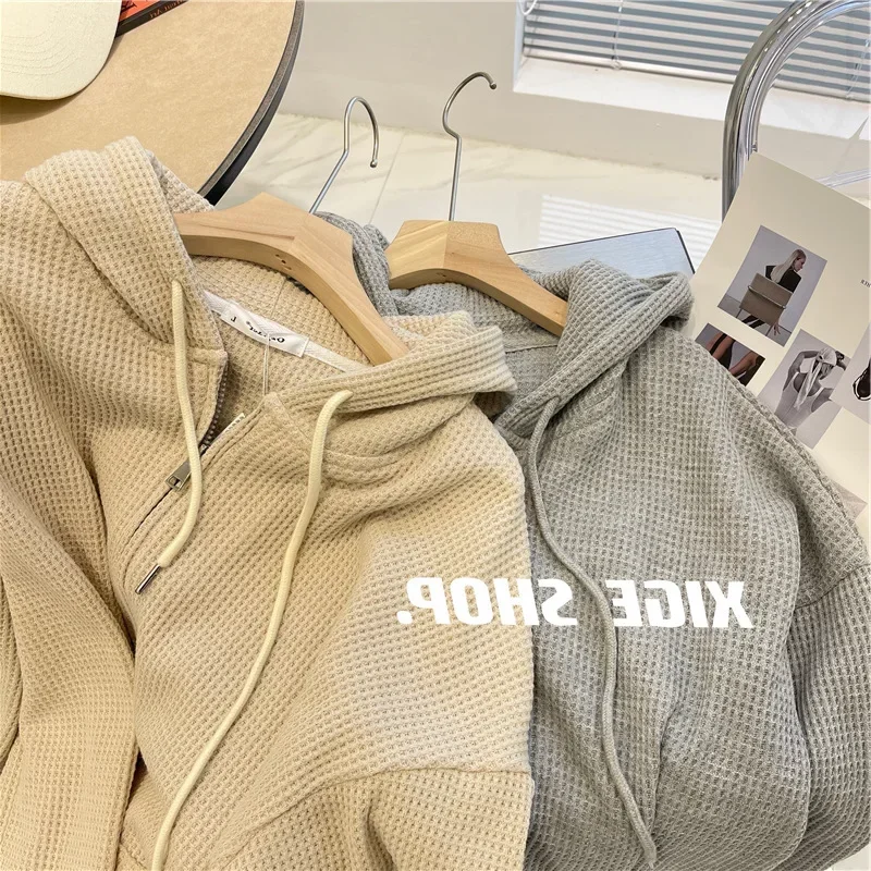 

New Hoodie Woman Waffle Outer Sleeve Female Autumn And Winter Loose Hundred Tide Zipper Cardigan Sweater Female Tops Outside Y2k