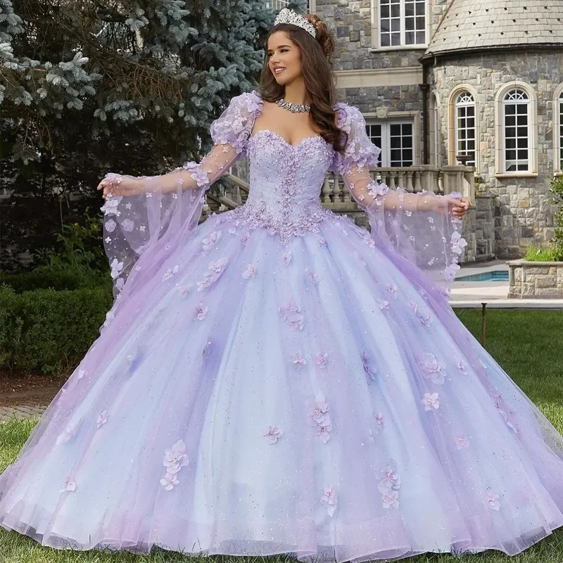 

ANGELSBRIDEP Lilac Quinceanera Dresses Sweetheart Flare Sleeve Sweet 16 Prom Gown 3D Flower Pearls vestidos de 15 quinceanera