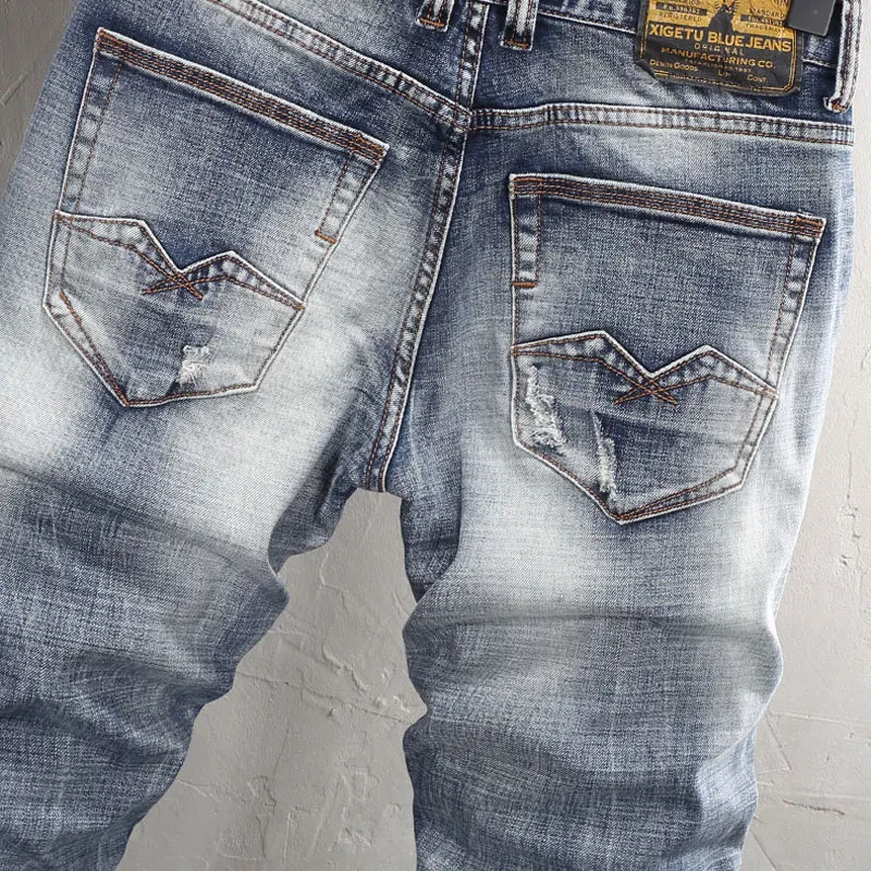 Newly Designer Fashion Men Jeans High Quality Retro Blue Elastic Slim Fit Ripped Jeans Men Trousers Vintage Denim Pants Hombre