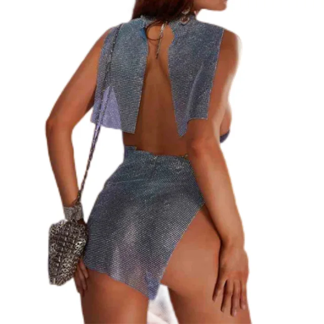 Dames Nieuwe Lijn Strass Volledig Diamant Pittig Meisje Set Open Rug Sexy Tanktop Mini Halve Rok Vrouwen