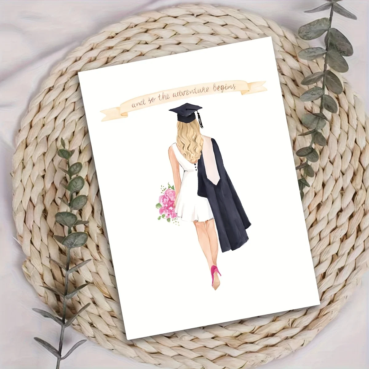 Elegant Watercolor Graduation Card - Girl in Dress and Flowers and "Adventure Journey" Banner - Perfect Graduation Gift - view 2