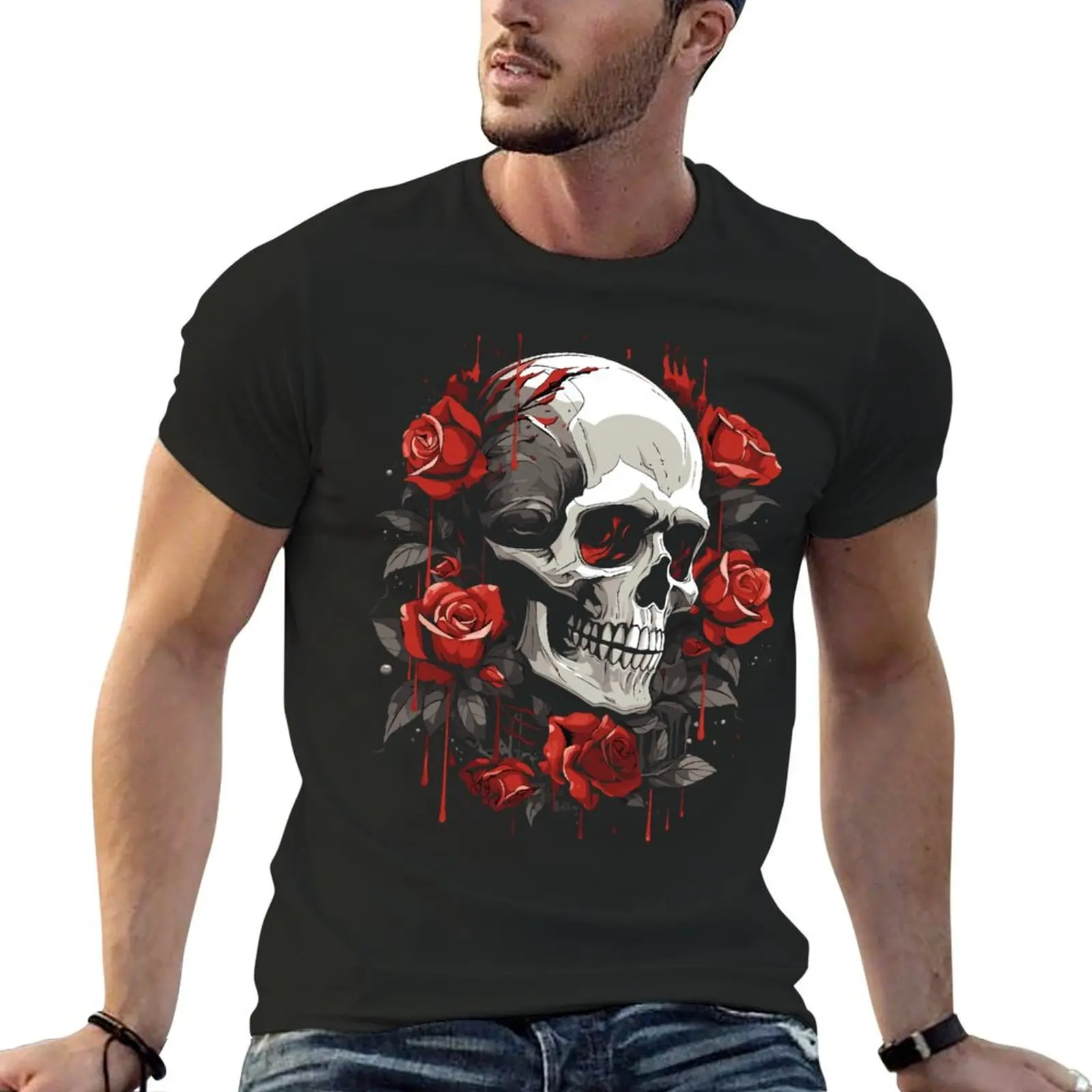 

Skull with roses T-Shirt new edition anime stuff tees heavyweight t shirts for men