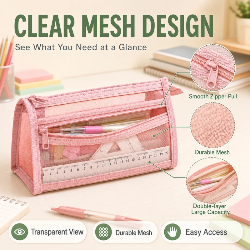 Pencil Case Desk Storage Morandi Grid Mesh with Handle and Zipper Clear Double-layer Pencil Pouch Pouch Travel Makeup Bag