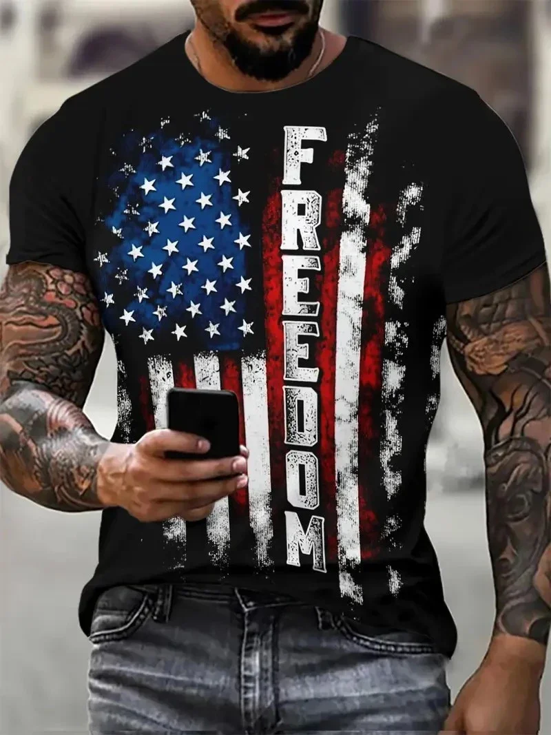 Herren T-Shirt mit USA-Flaggen- und Freiheitsdruck, Vintage American Crew Neck Kurzarm-Shirt, lässige Streetwear, atmungsaktiv