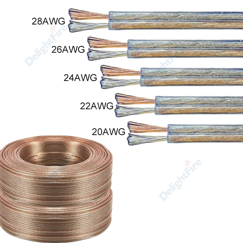 5-100m 2 Pin Electrical Wires Transparent Cable 28 26 24 22 20 18 16 14AWG PVC Speakers Audio LED Strip Lamp Extension Cord