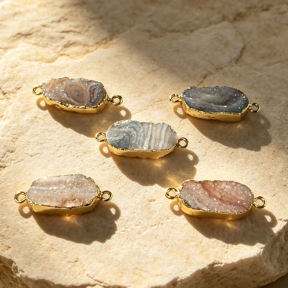 Oval Druzy Geode Connector Charms Natural Raw Slice Stone Double Loop Golden Plated Bezel DIY Bracelet Fitting P2D1061