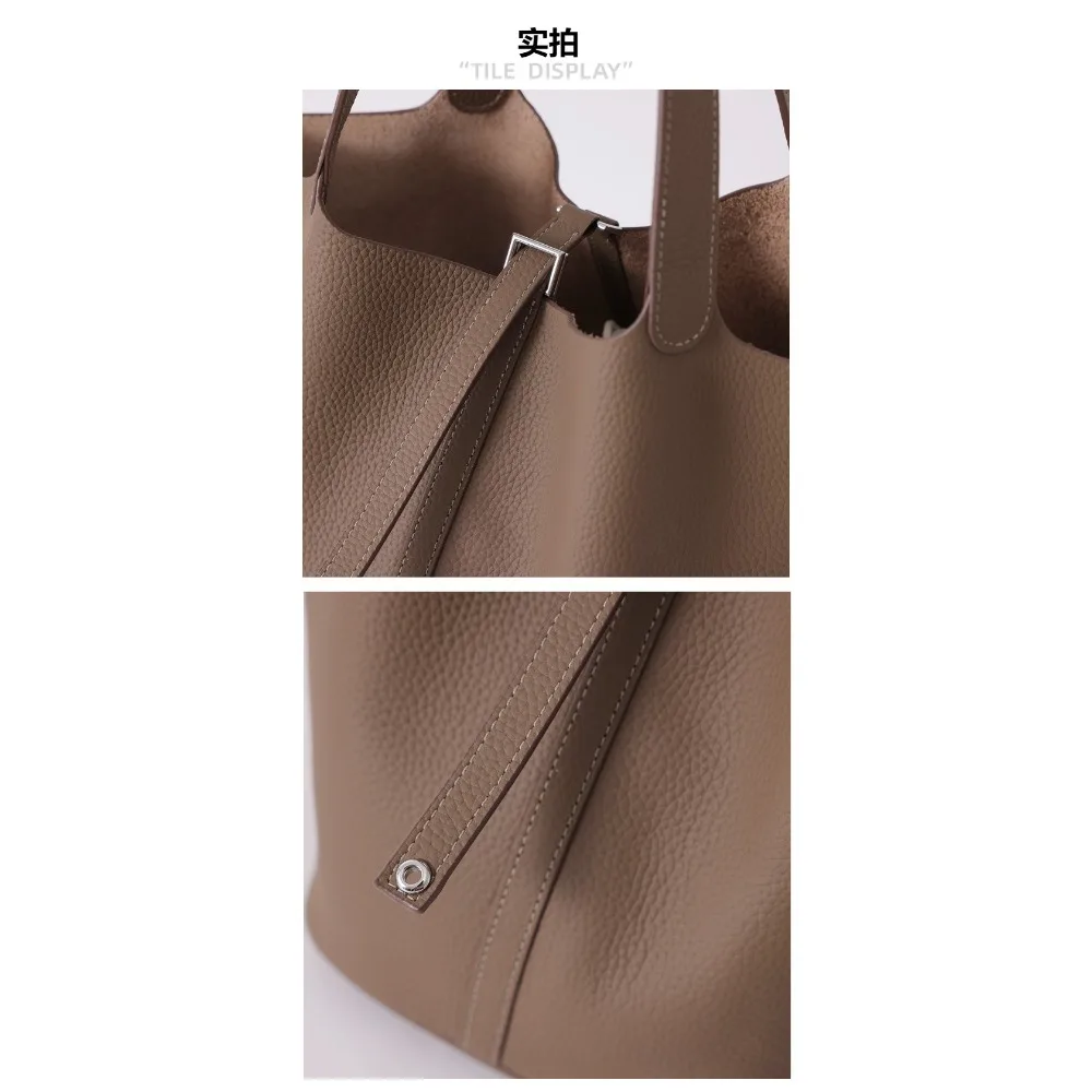 Cowhide Women's Handbag Leather Vegetable Basket Bucket Premium Simple Unique Niche Texture Simple Versatile Elegant Fashion view 5