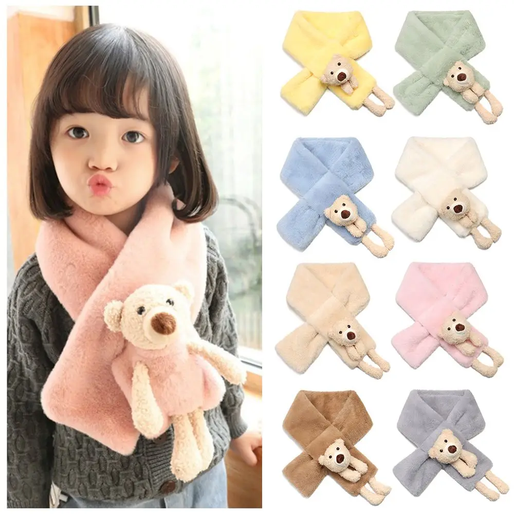 

Children Accessories Windproof Shawl Faux Fur Plush Warm Bib Bear Cross Scarf Plush Scarfs Neckerchief