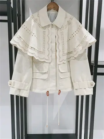 2025 Autumn Winter Women's Embroidery Hollow Out Jacket Turn-Down Collar Long Sleeve Single Breasted 100% Cotton Coat