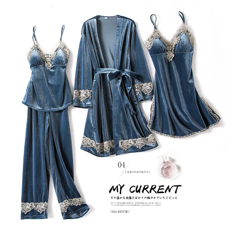 Burgundy Velvet 4PCS Pajamas Set Wedding Robe Nightgown Autumn Winter Female Sleepwear Sexy Lace Trim Pijamas Suit Home Wear