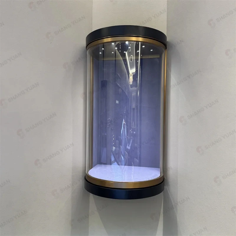 custom.Wall Jewelry Showcase Half Round Curved Glass Black Gold Frame LED Light Luxury Boutique Bespoke Direct Factory