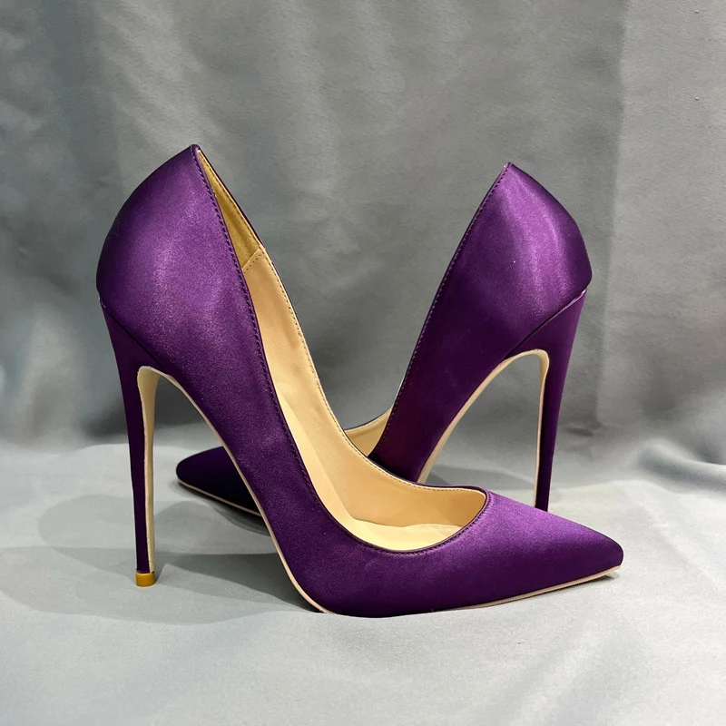 Tikicup Solid Purple Satin Silk Women Pointy Toe High Heel Wedding Bridal Shoes Elegant Ladies Slip On Stiletto Pumps Customize