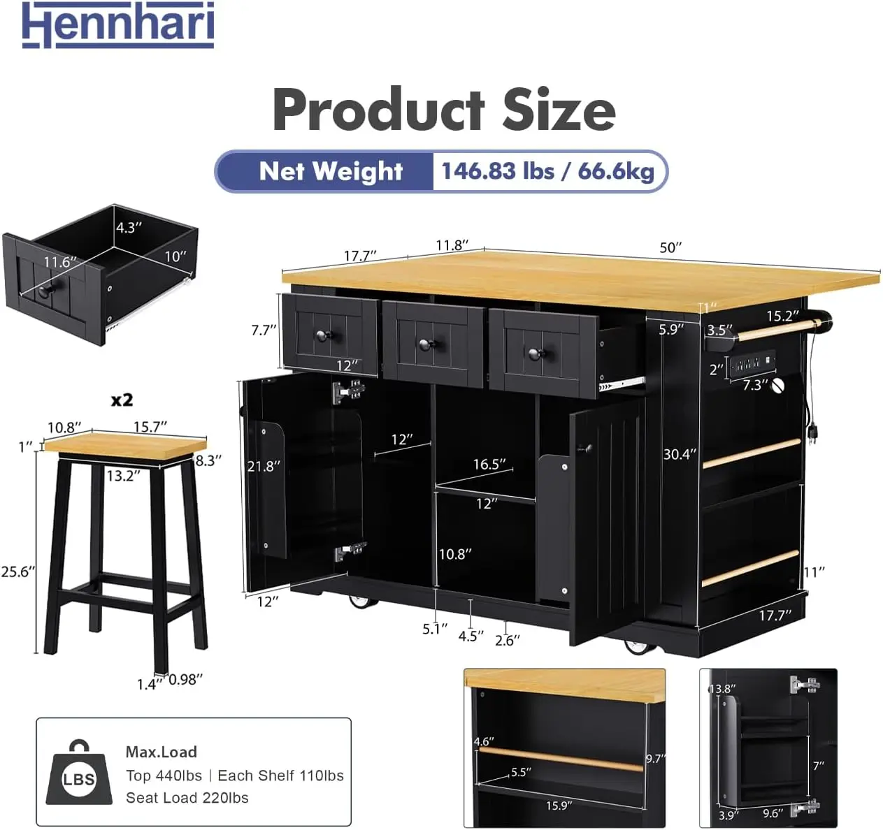 Kitchen Island with 2 Bar Stools, Drop Leaf, Kitchen Storage Cart with Power Outlet, Kitchen Cart on Wheels (4 Black)