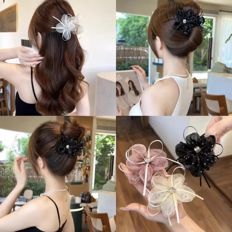 

Bowknot Mesh Ribbon Flower Shark Clip Temperament Versatile Shark Clip Rhinestone Hairpin Ponytail Clip Hair Accessories