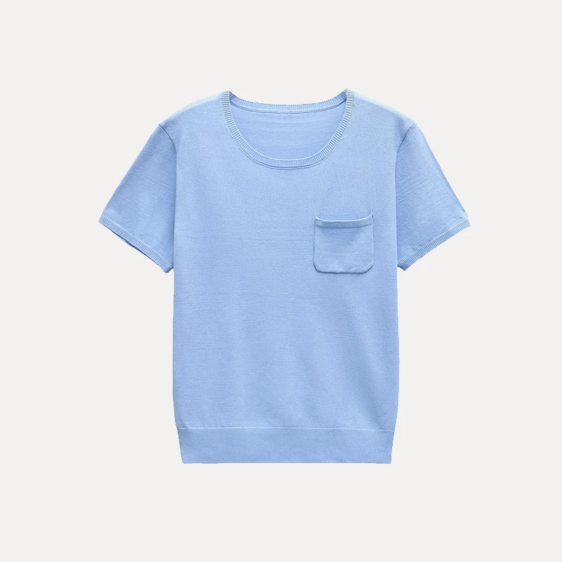 

Spring 2025 Women's Faion round Ne ort Sve Flat Needle Knitted Top Street Sle Polyester Fiber Simple Design