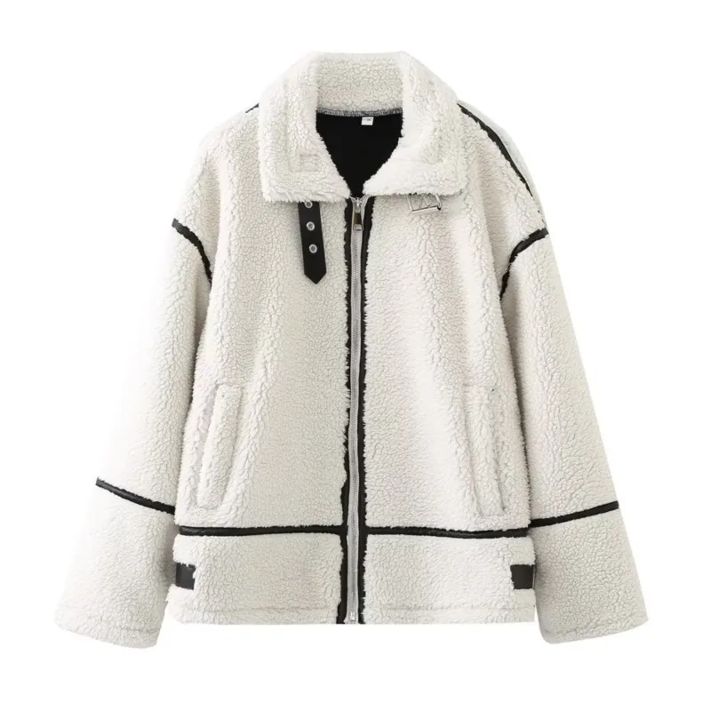 2024 Women's Chic Casual Thickened Warm Jacket Fashion Contrast Color Stitching Zipper Lapel Lamb Wool Jacket Women's Chic Coat