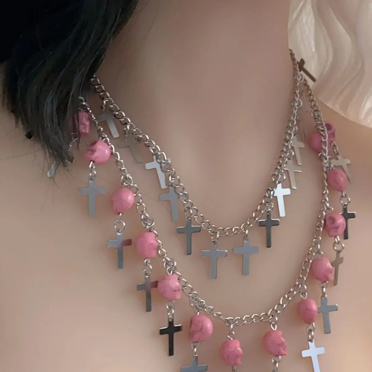 INS Millennium Spicy Girl Y2K Pink Skull Head Cross Double Layer Necklace Adjustable