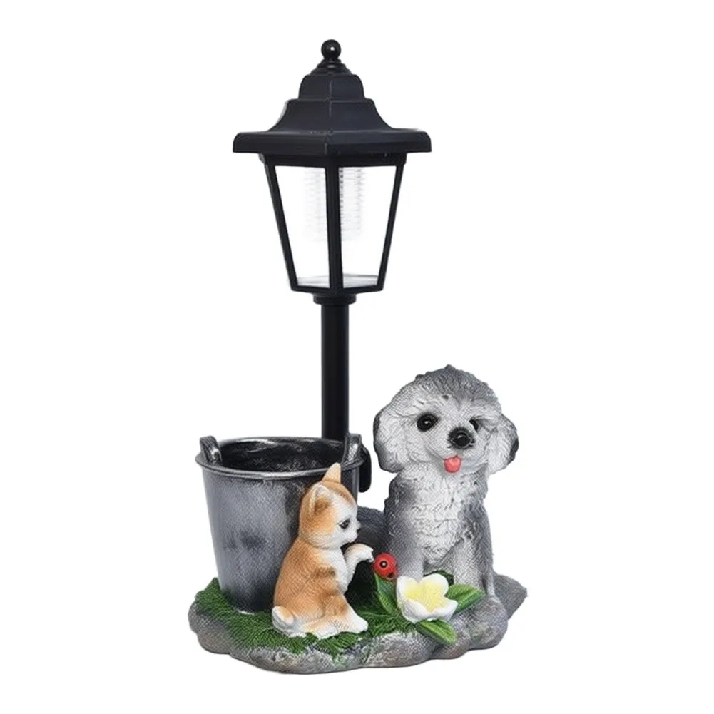 Charming Solar Dog & Cat Statue With Lantern & Planting Groove Solar Lamp For Cat And Dog Creativity Light Decoration