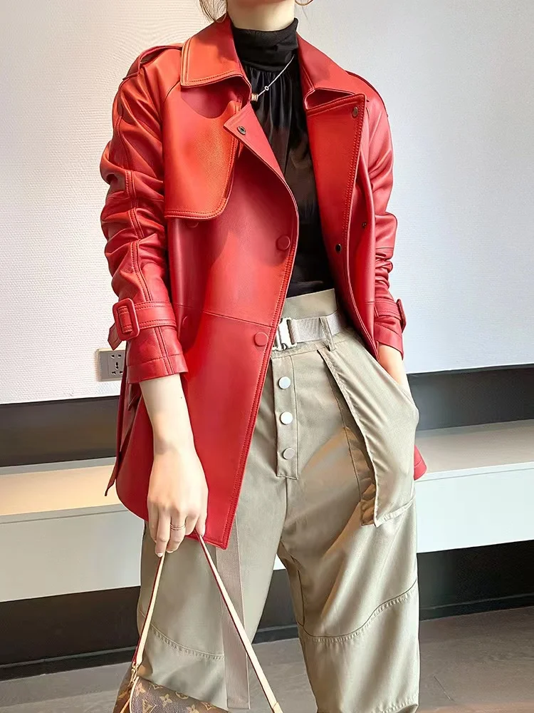 Red Leather Jackets Women Korean Fashion Lapel Double-Breasted Medium to Long Waist Closing Sheepskin Tops Manteau Femme Hiver